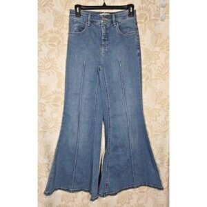 We The Free High Rise Flare Jeans 26 Bell Bottom Pintuck Strip BOHO HIPPIE EUC *